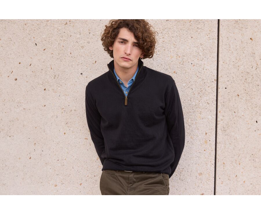 Black organic cotton/cashmere half-zip thin pullover - VLAD