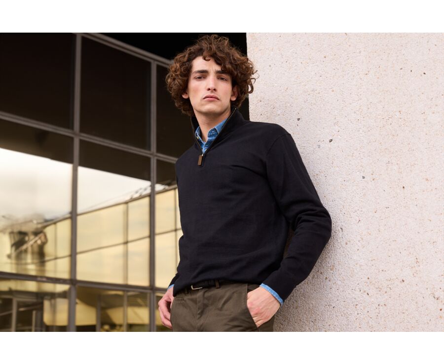 Black organic cotton/cashmere half-zip thin pullover - VLAD