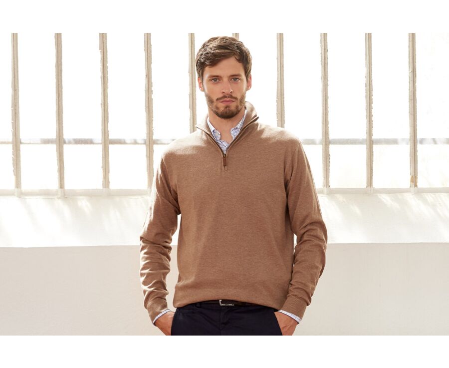 Taupe Melange organic cotton/cashmere half-zip thin jumper - VLAD