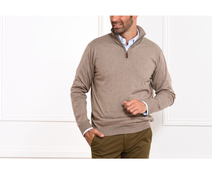 Taupe Melange cotton/cashmere half-zip thin jumper - VLAD