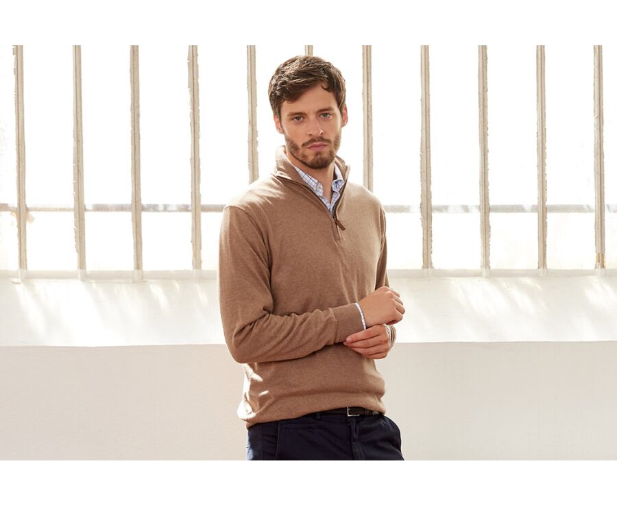 Taupe Melange organic cotton/cashmere half-zip thin jumper - VLAD