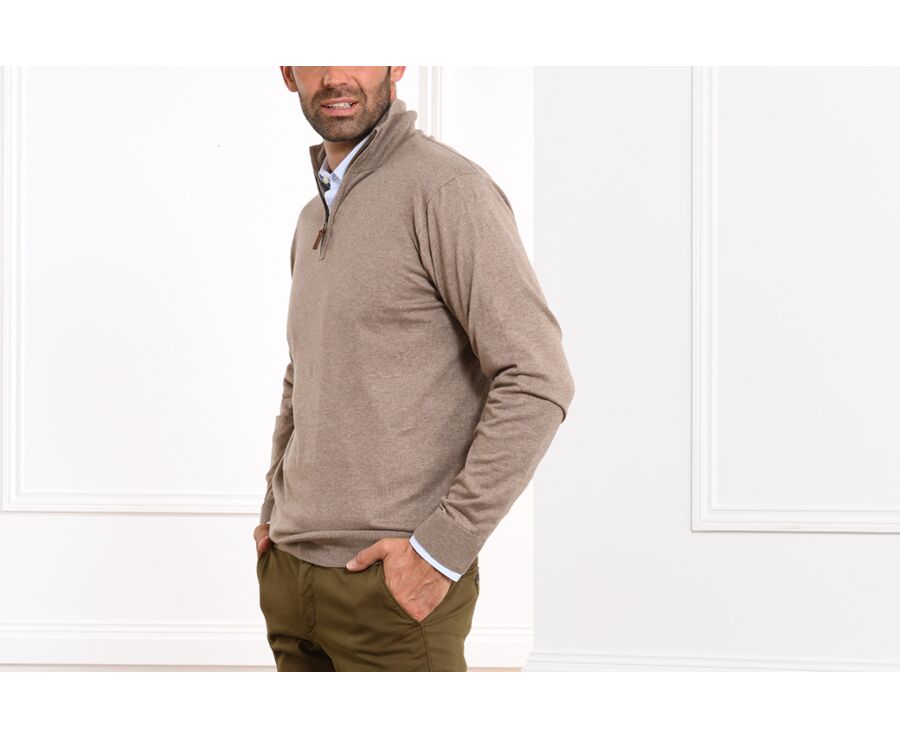 Taupe Melange cotton/cashmere half-zip thin jumper - VLAD