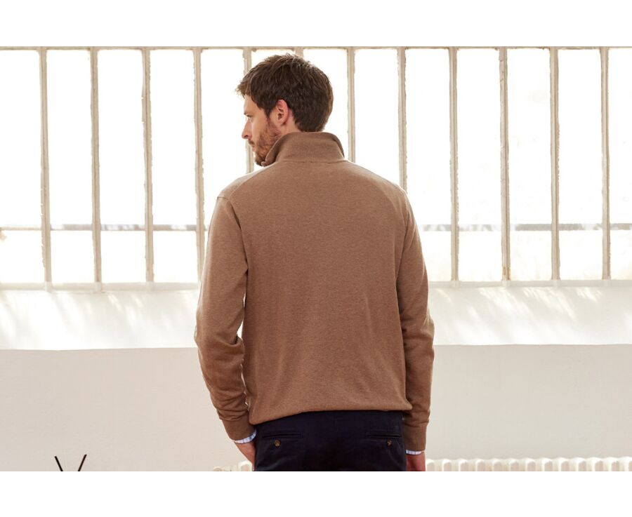 Taupe Melange organic cotton/cashmere half-zip thin jumper - VLAD