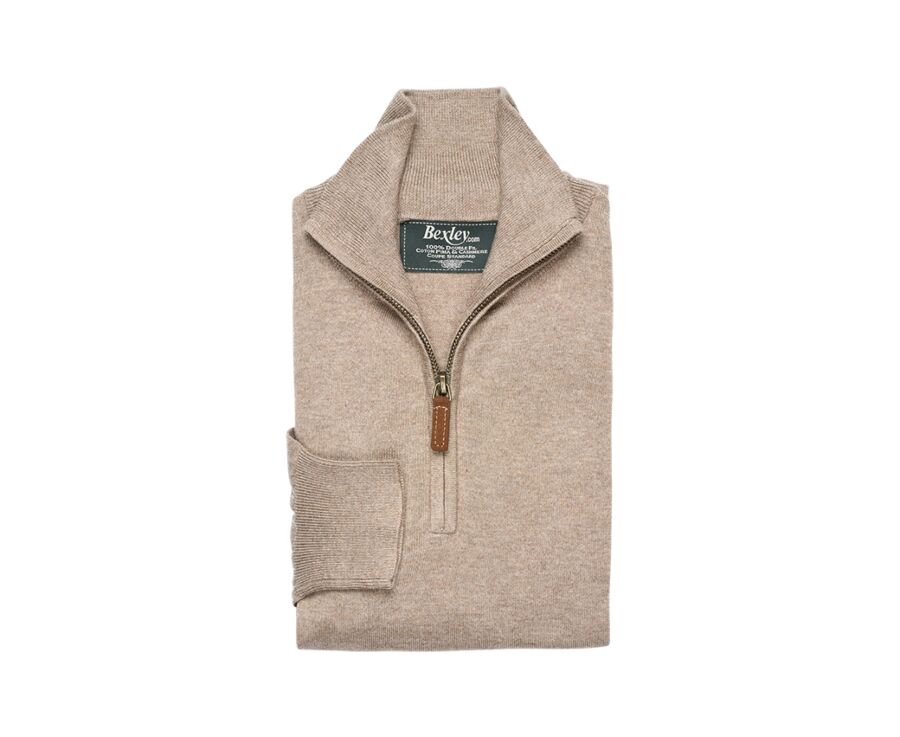 Taupe Melange organic cotton/cashmere half-zip thin jumper - VLAD