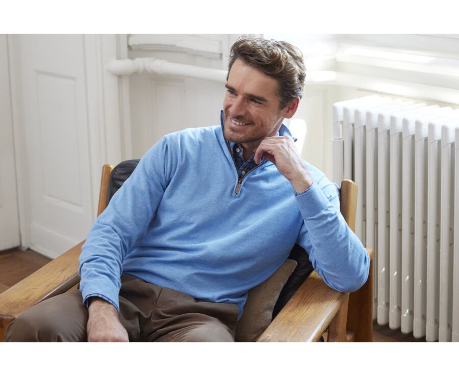 Blue Melange organic cotton/cashmere half-zip thin jumper - VLAD