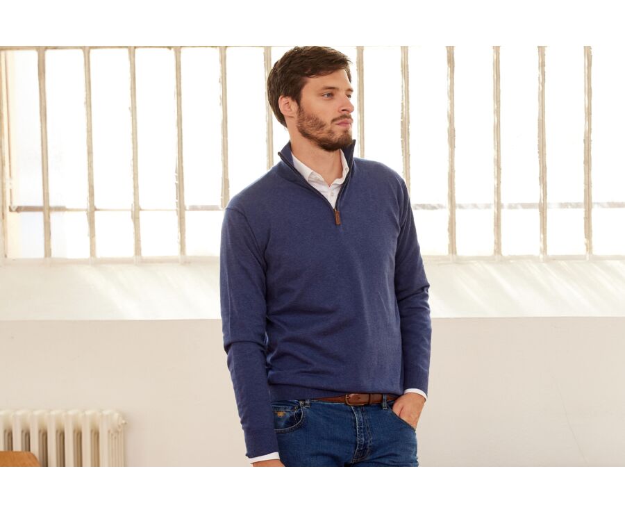 Dark Blue Melange organic cotton/cashmere half-zip thin jumper - VLAD