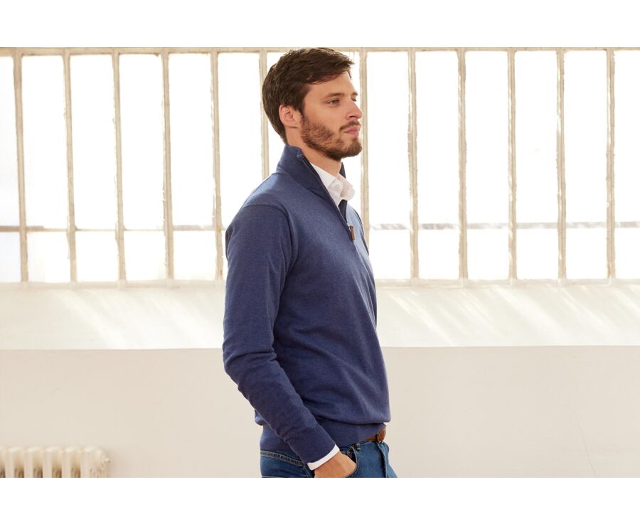 Dark Blue Melange organic cotton/cashmere half-zip thin jumper - VLAD
