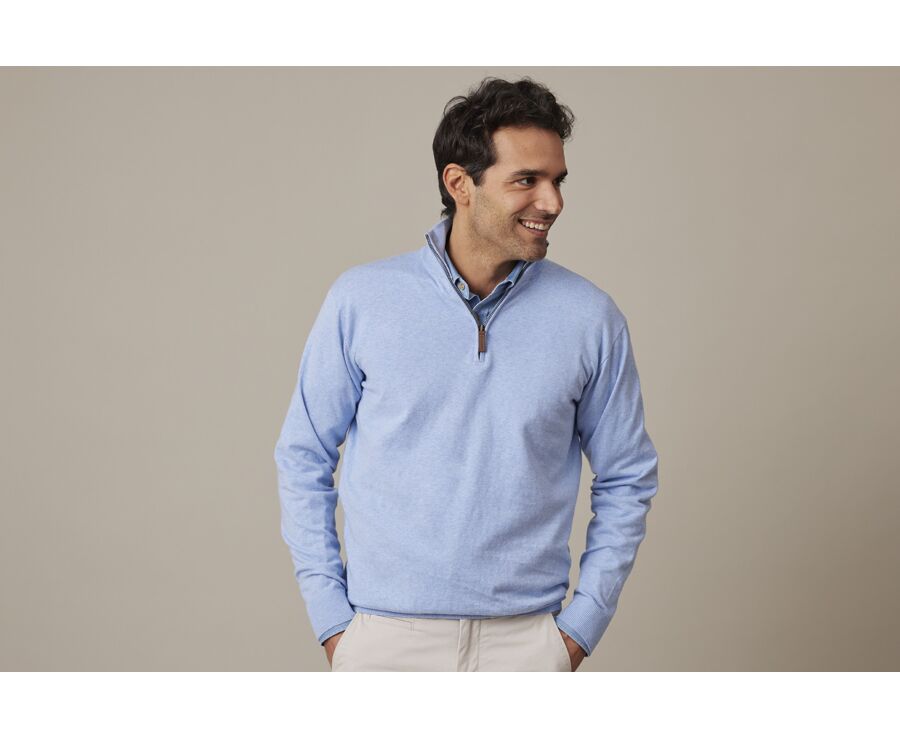 Light Blue Melange organic cotton/cashmere half-zip thin pullover - VLAD