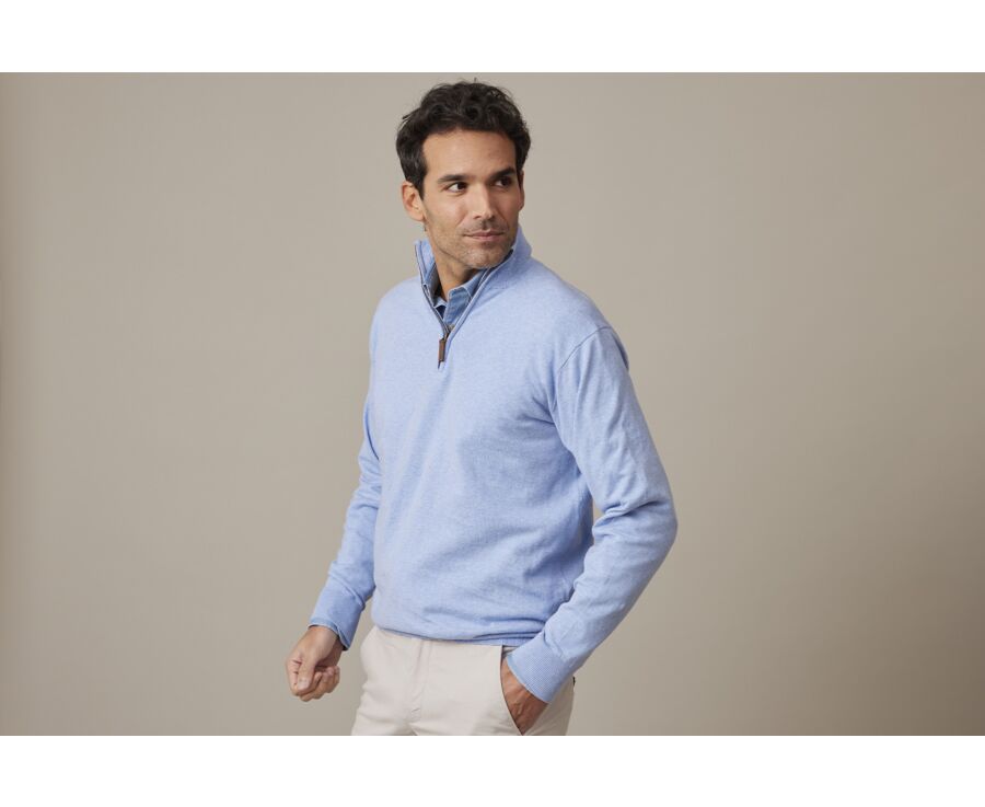 Light Blue Melange organic cotton/cashmere half-zip thin pullover - VLAD