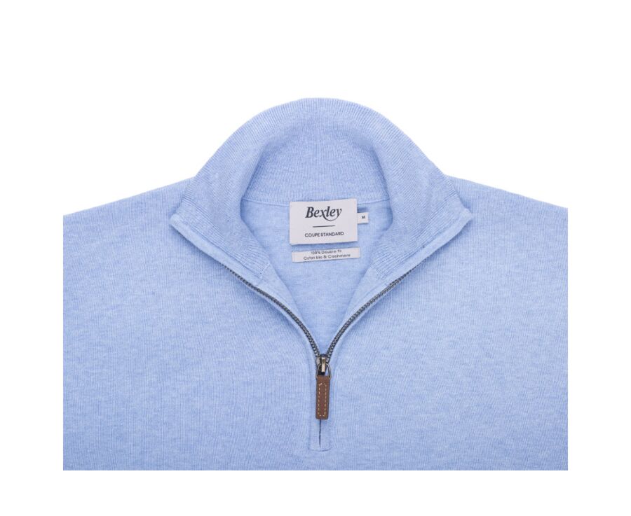 Light Blue Melange organic cotton/cashmere half-zip thin pullover - VLAD