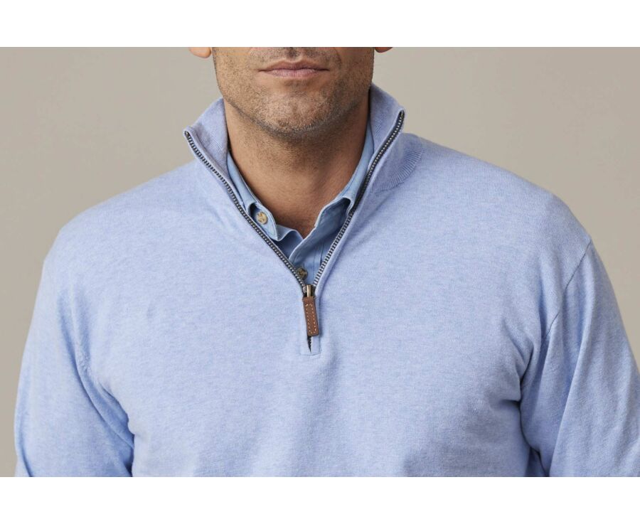 Light Blue Melange organic cotton/cashmere half-zip thin pullover - VLAD