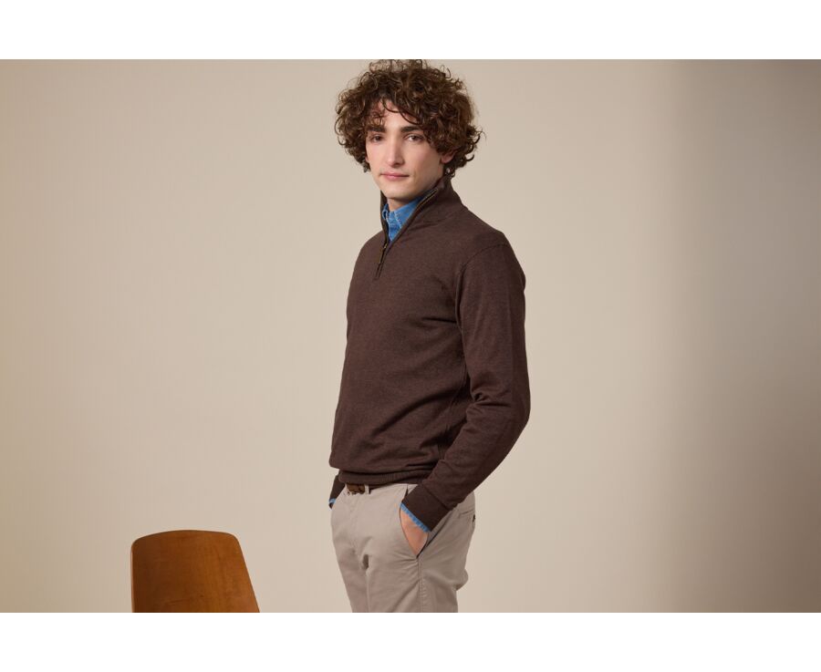 Dark Chocolate organic cotton/cashmere half-zip thin pullover - VLAD