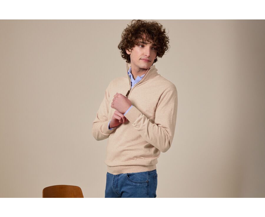 Beige Melange organic cotton/cashmere half-zip thin pullover - VLAD