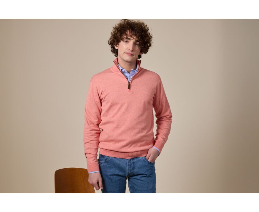 Slim Men's Organic Cotton/Cashmere Sweater with Zipped Collar, Heathered Orange - VLAD