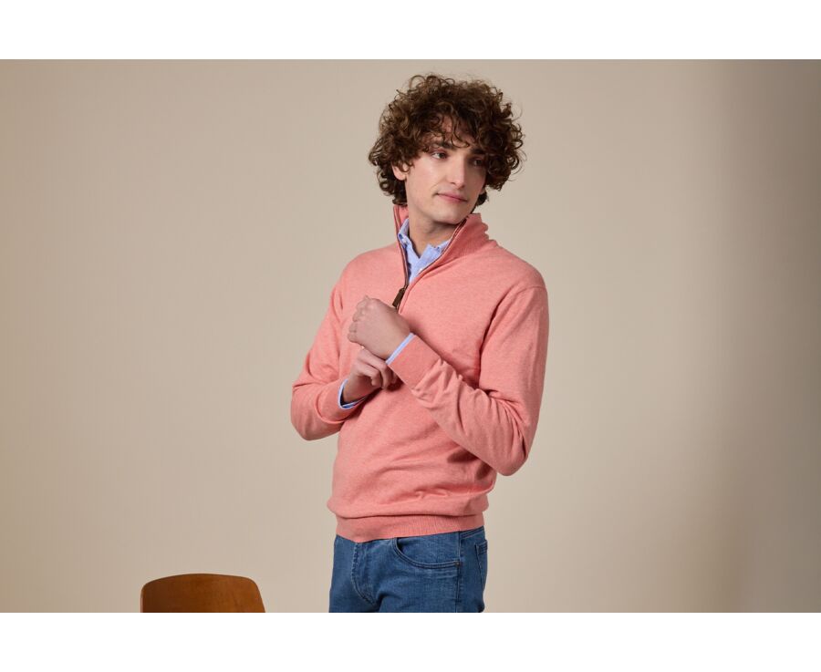 Slim Men's Organic Cotton/Cashmere Sweater with Zipped Collar, Heathered Orange - VLAD