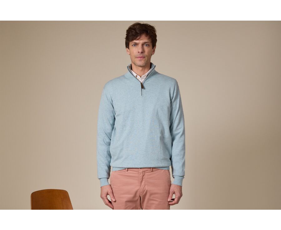 Slim Men's Organic Cotton/Cashmere Sweater with Zipped Collar, Pastel Blue - VLAD