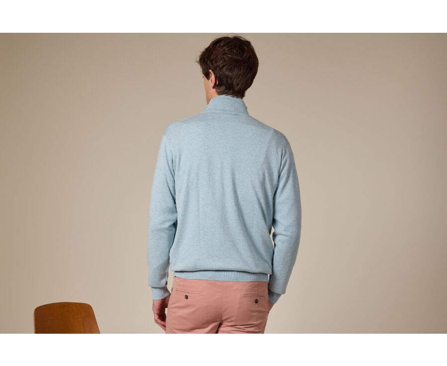 Slim Men's Organic Cotton/Cashmere Sweater with Zipped Collar, Pastel Blue - VLAD