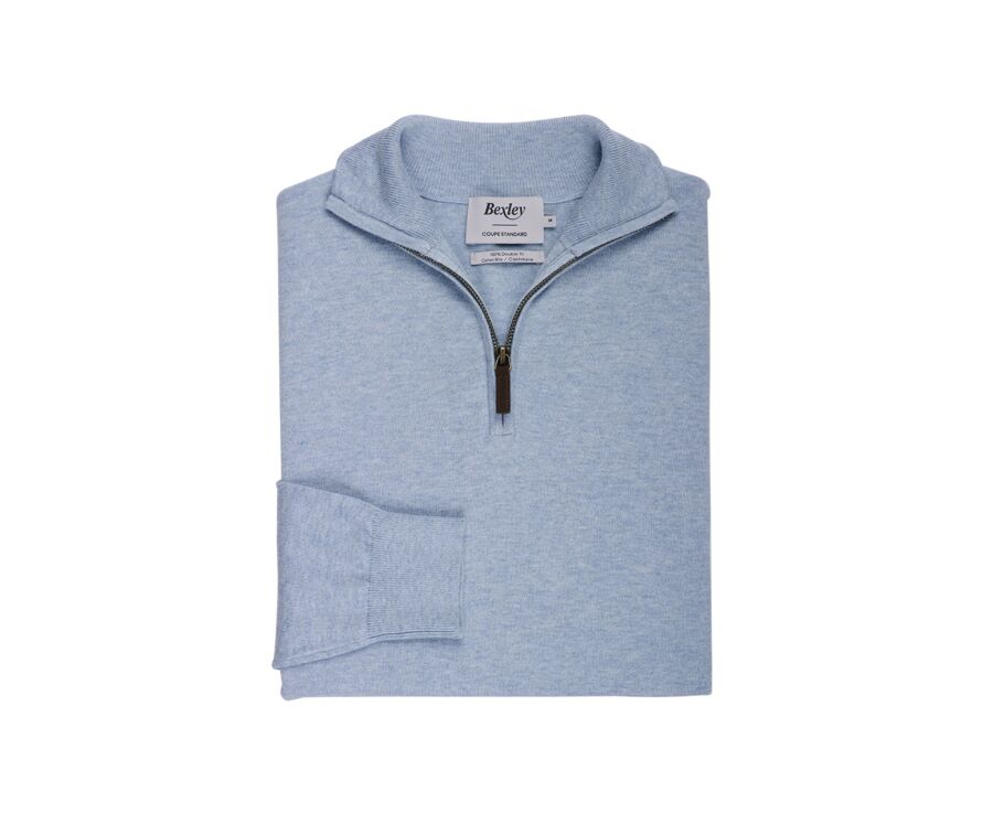 Slim Men's Organic Cotton/Cashmere Sweater with Zipped Collar, Pastel Blue - VLAD