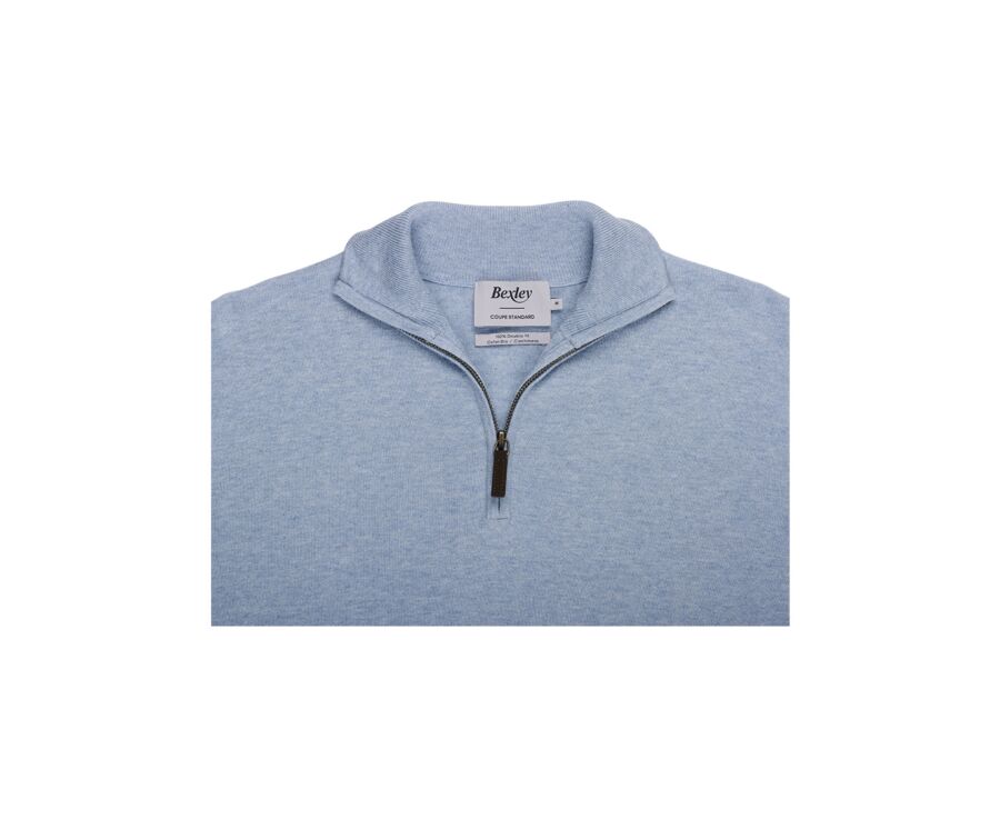 Slim Men's Organic Cotton/Cashmere Sweater with Zipped Collar, Pastel Blue - VLAD