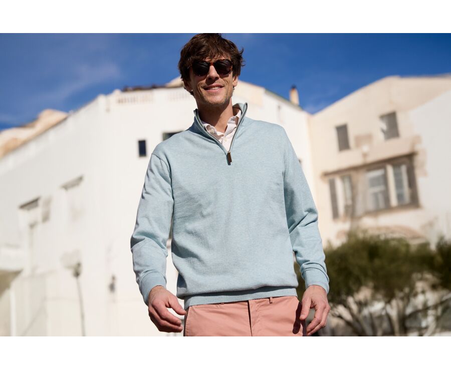 Slim Men's Organic Cotton/Cashmere Sweater with Zipped Collar, Pastel Blue - VLAD