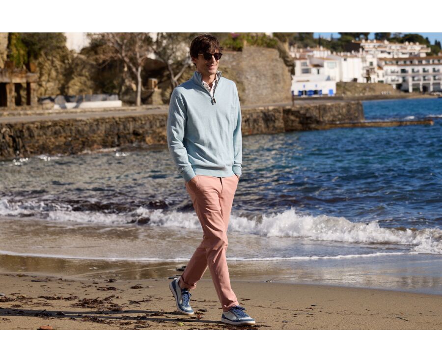 Slim Men's Organic Cotton/Cashmere Sweater with Zipped Collar, Pastel Blue - VLAD