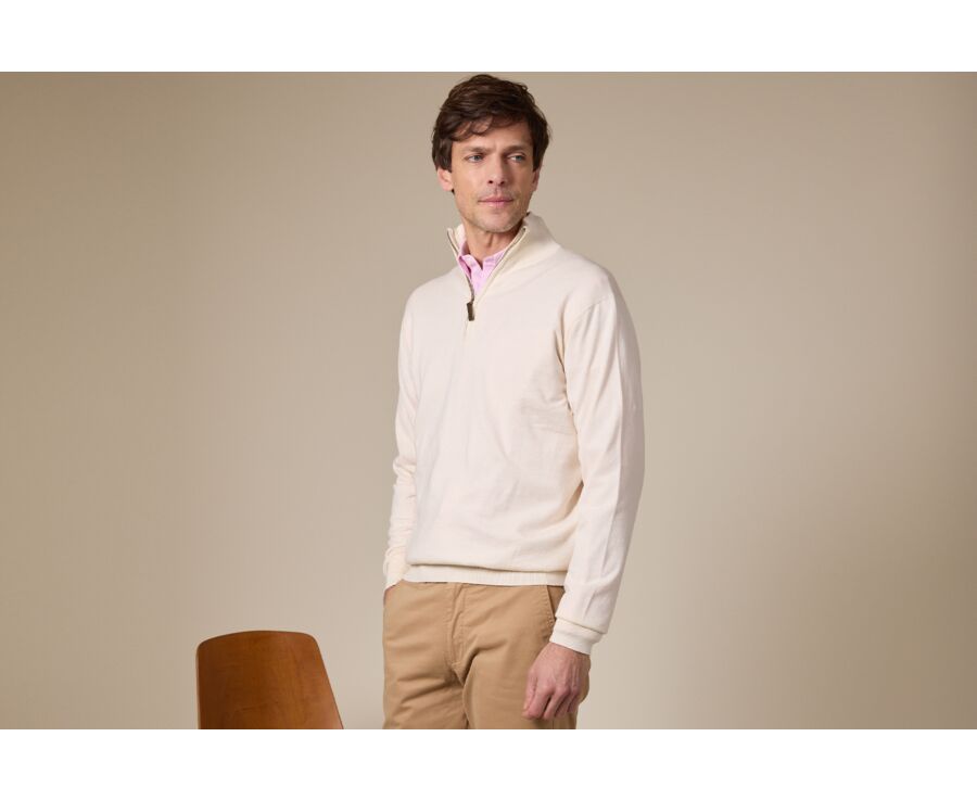 Slim Men's Organic Cotton/Cashmere Sweater with Zipped Collar, Heathered Ecru - VLAD