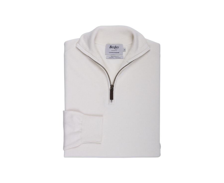 Slim Men's Organic Cotton/Cashmere Sweater with Zipped Collar, Heathered Ecru - VLAD