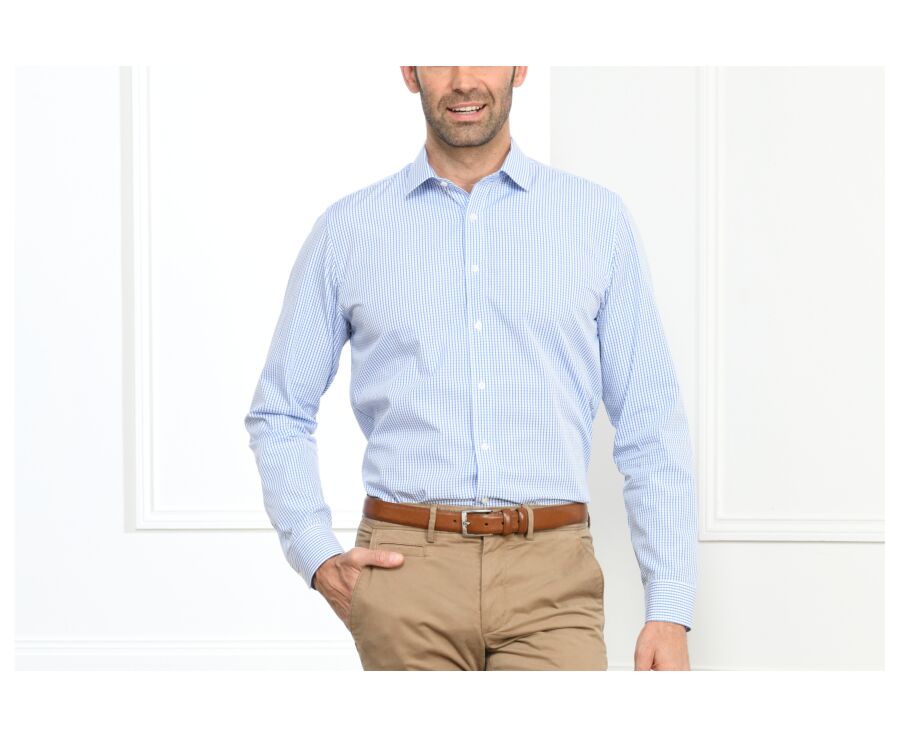 White shirt with blue checks - Straight collar - ALEXIS