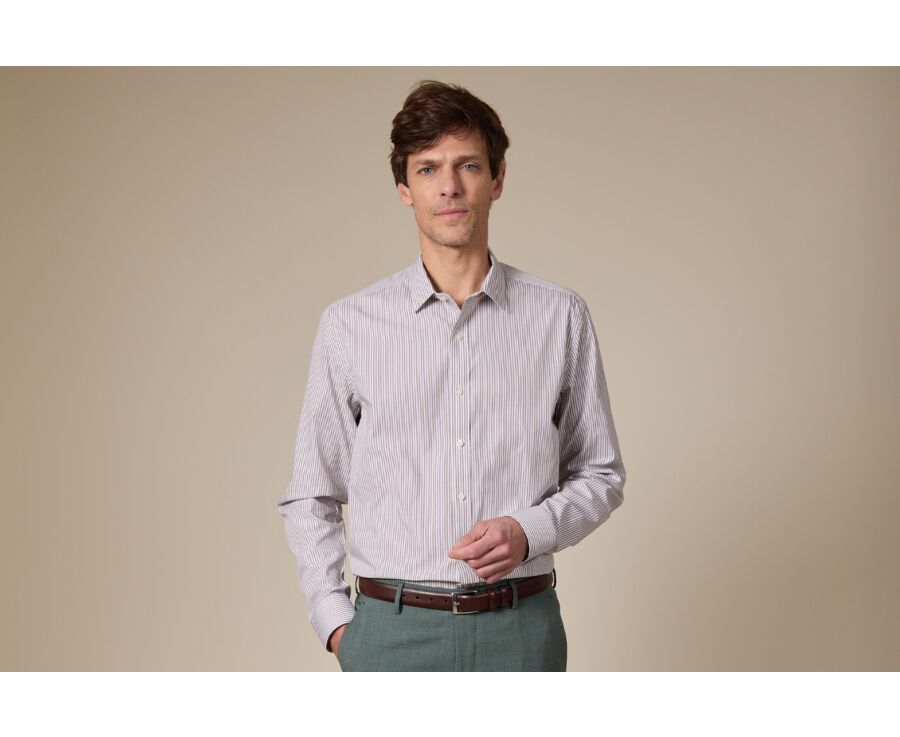 Taupe & White striped poplin shirt - MAXIMILIEN