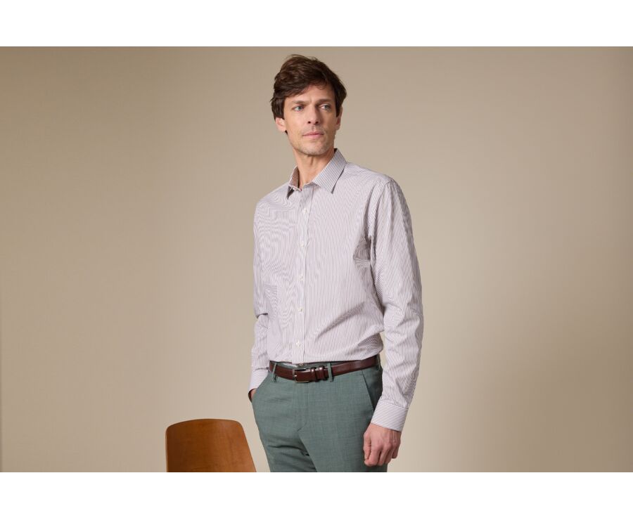 Taupe & White striped poplin shirt - MAXIMILIEN