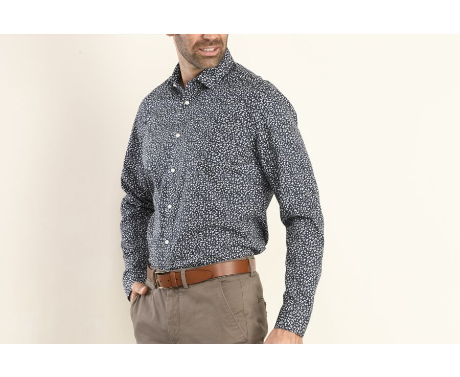 Navy shirt printed with white flowers patterns - MATHURIN