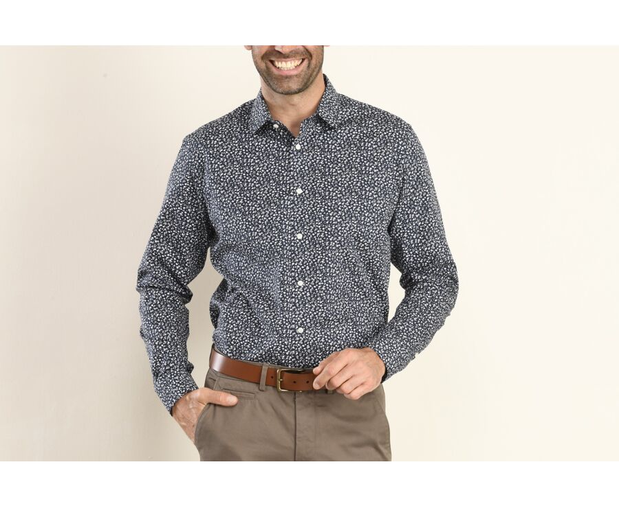 Navy shirt printed with white flowers patterns - MATHURIN
