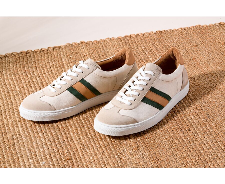 Beige Suede and Tweed Men's leather Trainers - MAYWOOD