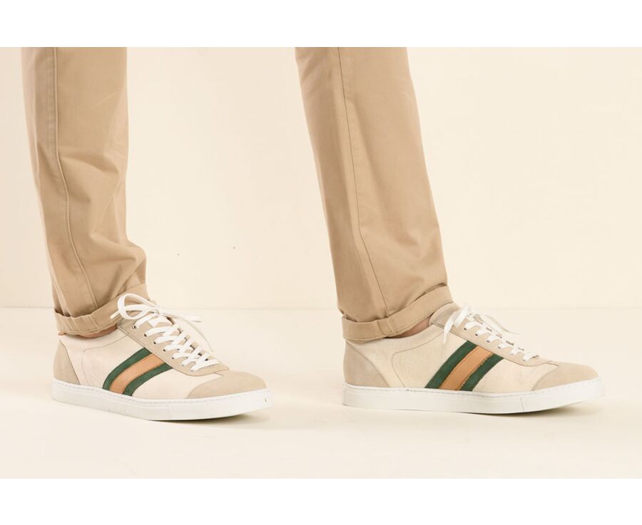 Beige Suede and Tweed Men's leather Trainers - MAYWOOD