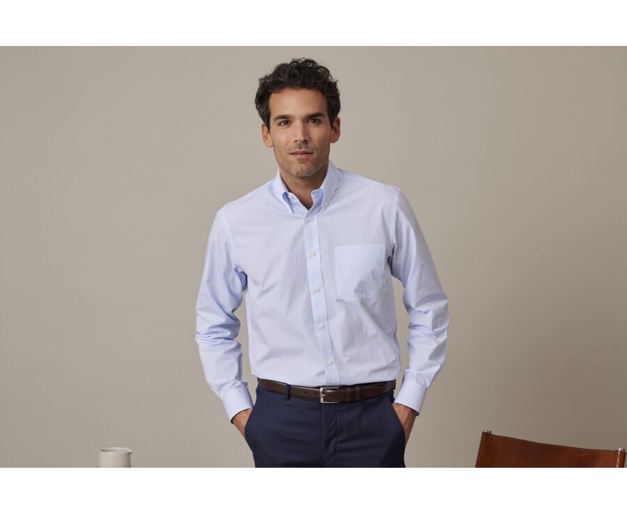 Cotton shirt with Light Blue & White stripes - American collar - MARLON