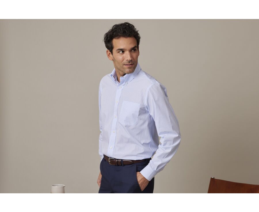 Cotton shirt with Light Blue & White stripes - American collar - MARLON