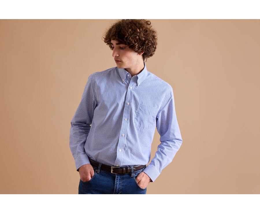 Cotton shirt with blue stripes - American collar - MARLON
