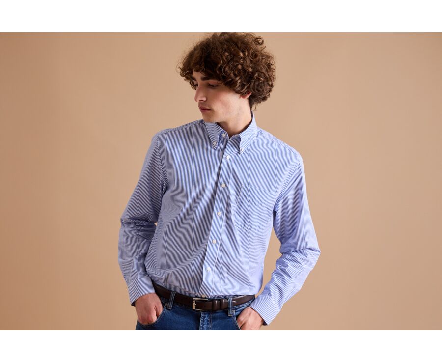 Cotton shirt with blue stripes - American collar - MARLON