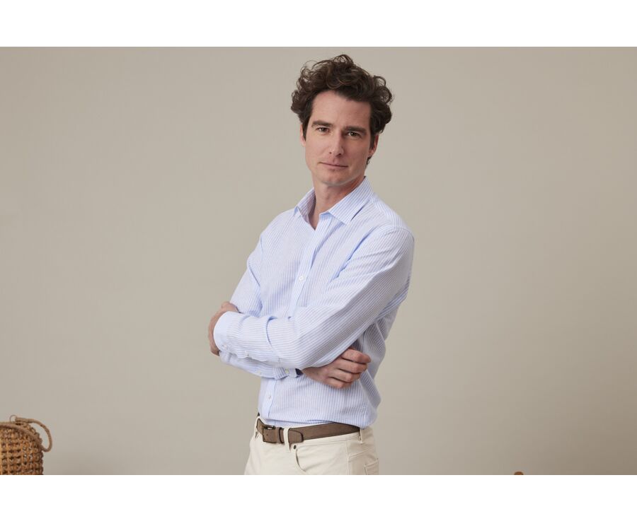 Soft Blue & White striped cotton linen shirt - EDIBERT