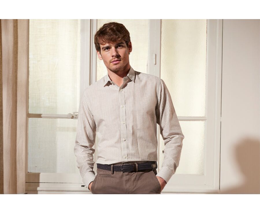Taupe and White striped cotton linen shirt - EDIBERT