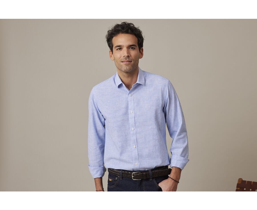 Blue & White trim cotton linen shirt - EDIBERT