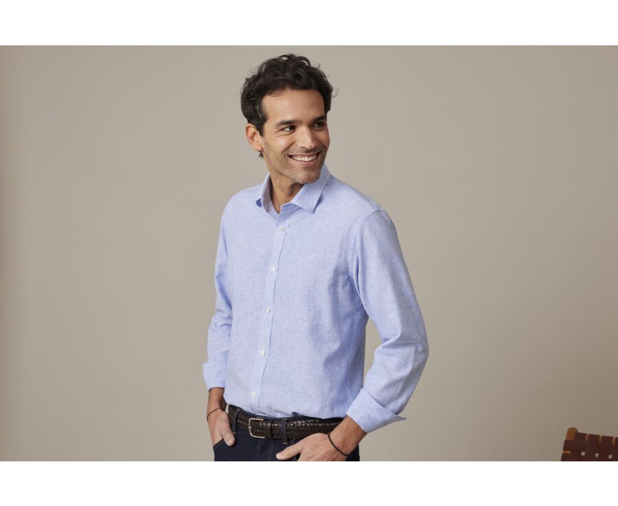 Blue & White trim cotton linen shirt - EDIBERT