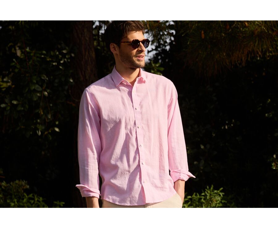 Pink & White trim cotton linen shirt - EDIBERT