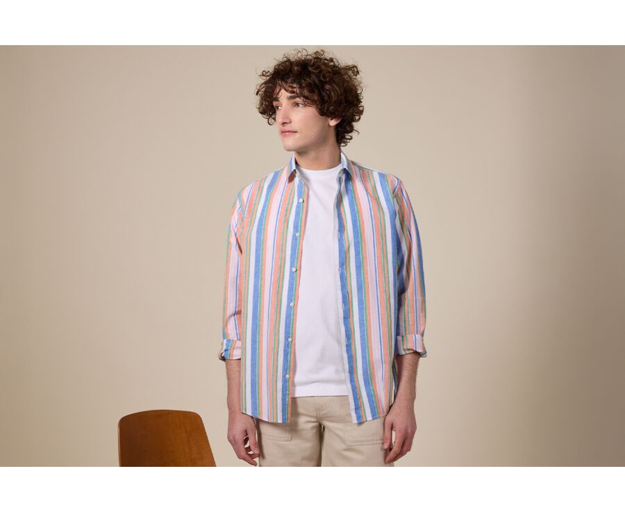 Blue, Orange, and Green Chambray cotton linen shirt - EDIBERT