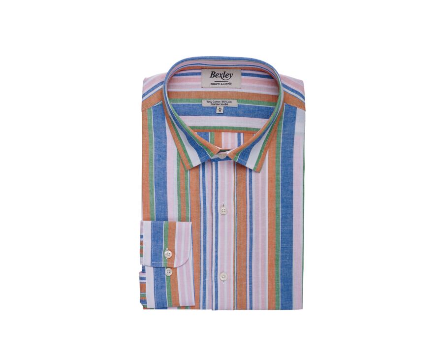 Blue, Orange, and Green Chambray cotton linen shirt - EDIBERT