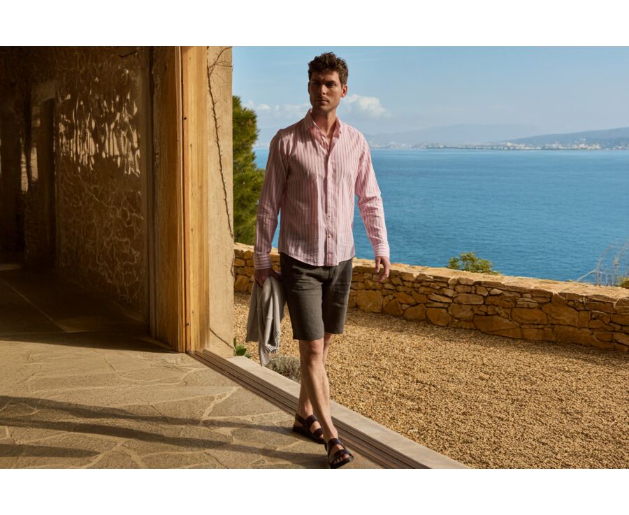 Chambray White and Orange cotton linen shirt - EDIBERT