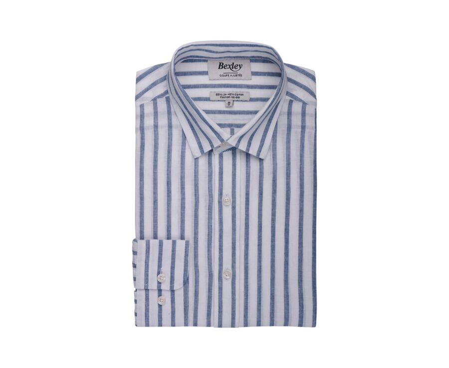 Cotton and linen striped shirt in white and blue grey - EDIBERT