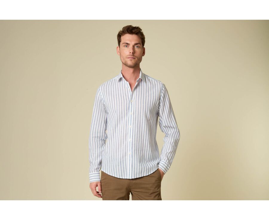 Cotton and linen striped shirt in white and blue grey - EDIBERT