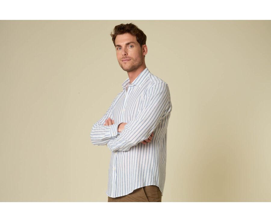 Cotton and linen striped shirt in white and blue grey - EDIBERT