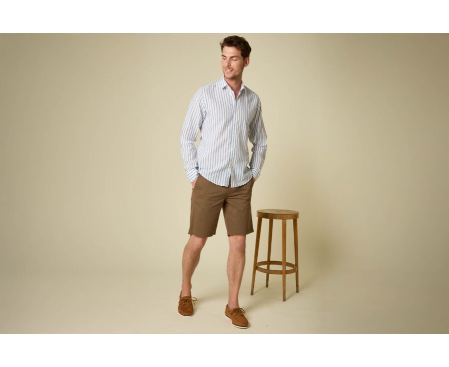 Cotton and linen striped shirt in white and blue grey - EDIBERT